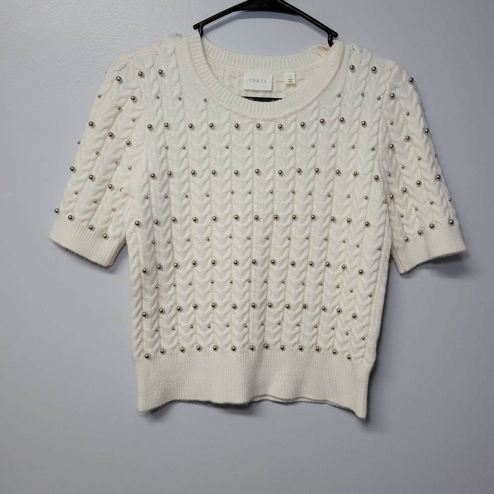Cyrus Womens Ivory Cable Knit Studded Short Sleeve Sweater Size Small